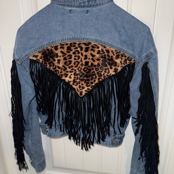 SHEIN Jean Jacket Blue and Black with Fringe and Animal Print - Picture 7 of 13